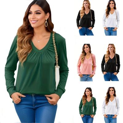 Long Sleeve Shirts Womens Pleated V Neck Casual Spring Summer Blouses