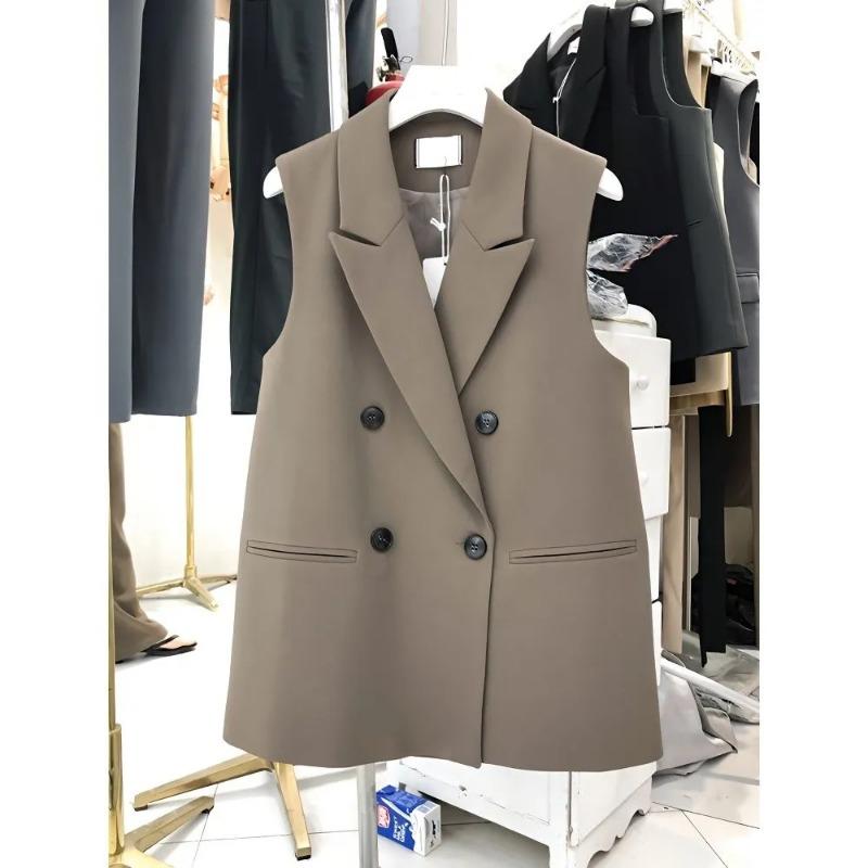 Women's K Grey Double Breasted Sleeveless Blazer Vest with Lapel Collar and Pockets