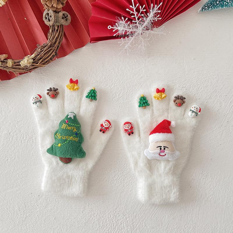 

2025 New Cartoon Christmas Gloves Plush Warm Snowman Xmas Tree Elk Decoration Men And Women s Winter Outdoor Five Finger Gloves