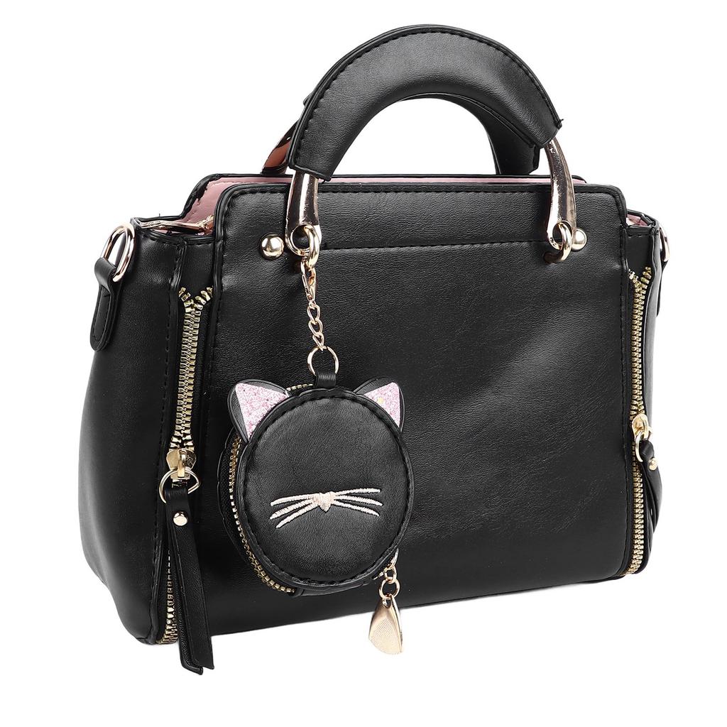 Damen Handtasche mit Schultergurt Münzbörse PU Leder Reißverschluss Mehrzweck Handtasche Stilvolle Umhängetasche Schwarz Kostenlos