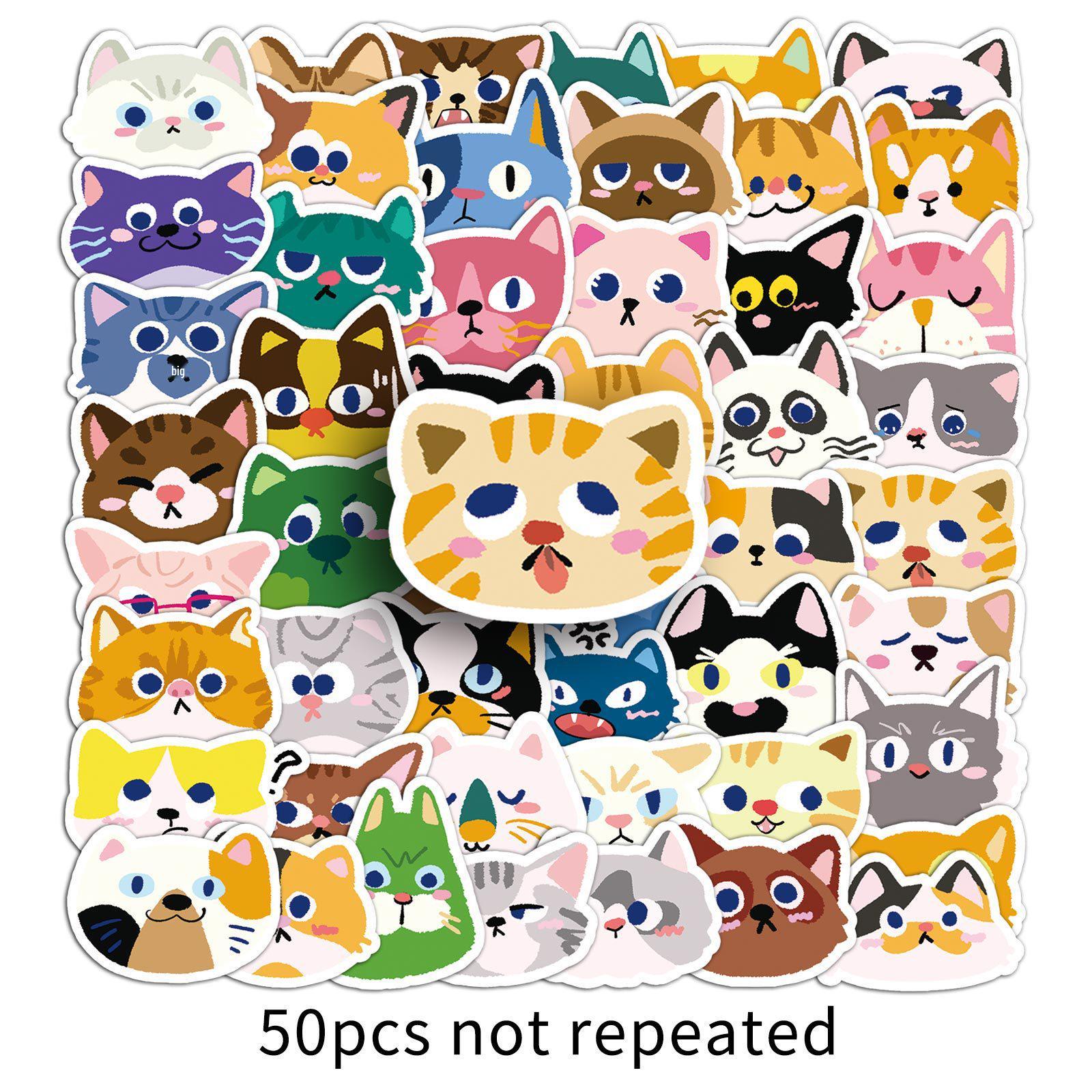 

50 Cute Cat Head Cartoon Stickers for Phone, Journal, or Thermos Cup