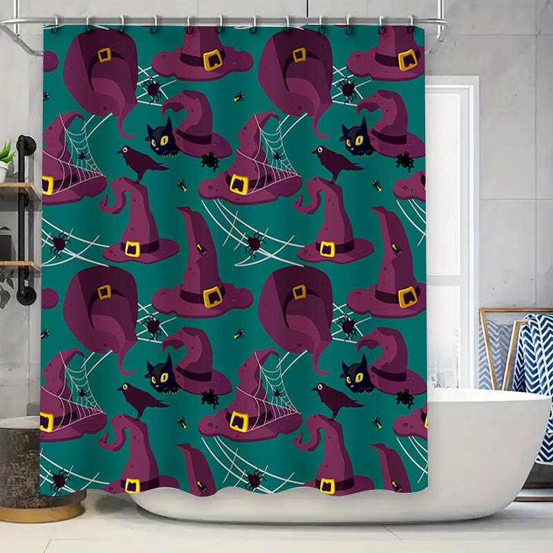 

Halloween-Themed Shower Curtain With Witch Hats And Bats In Purple And Teal Colors W60H190(CM)-1 Pcs