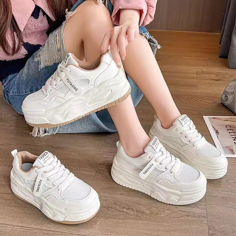 Inner heightening women's shoes mesh surface 2025 summer new versatile thick-soled small man black and white muffin white shoes women's board shoes