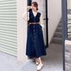 2024 New Hong Kong Style Retro Denim Dress Suit: Long-Sleeve Shirt & Denim Vest Skirt Set