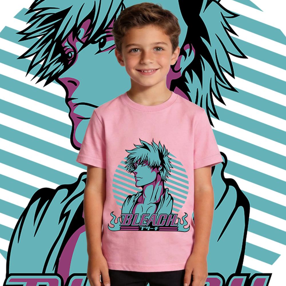 Boys Girls Cotton T Shirt Bleach Ichigo Anime Print Casual Summer Short Sleeve Top Kids Clothing Children