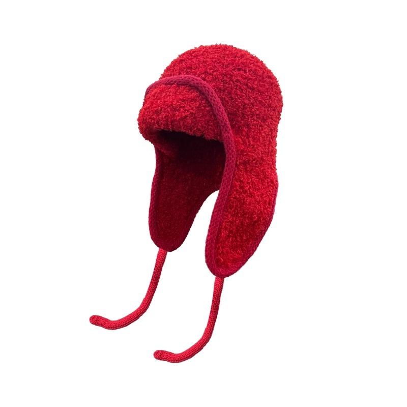 Big head circumference plush flying hat winter windproof ear protection Lei Feng hat red warm and cold knitted wool hat children