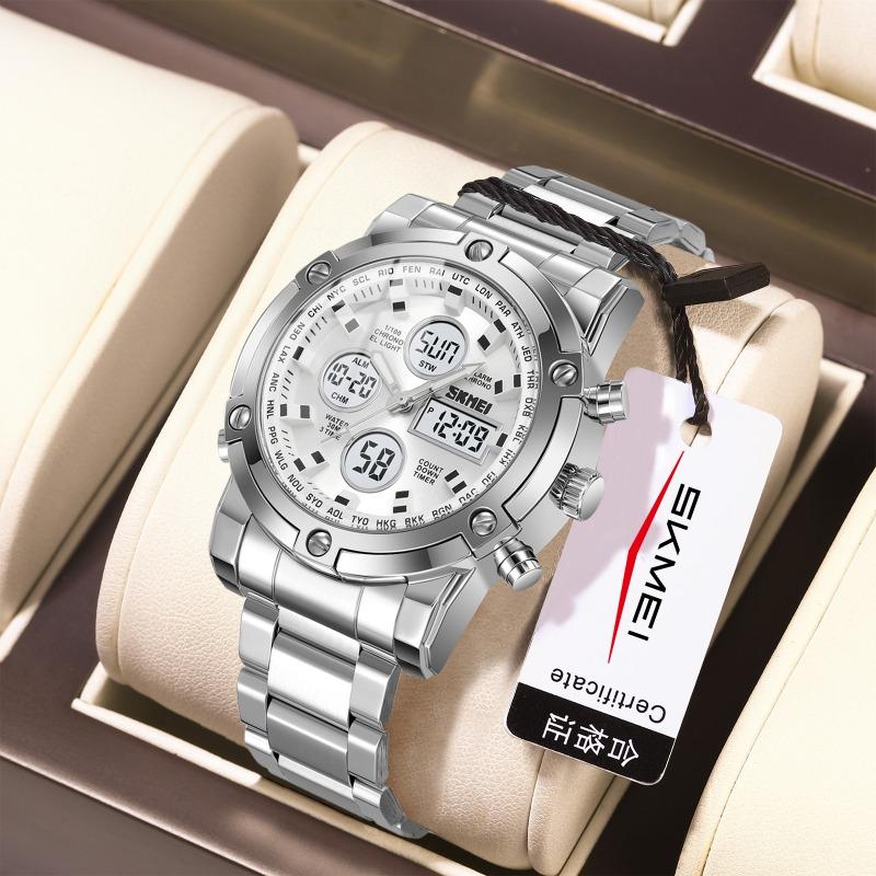 Dual Display Electronic Watch, Multi-function Steel Strap, Large Dial, Three-time Men's Waterproof Watch