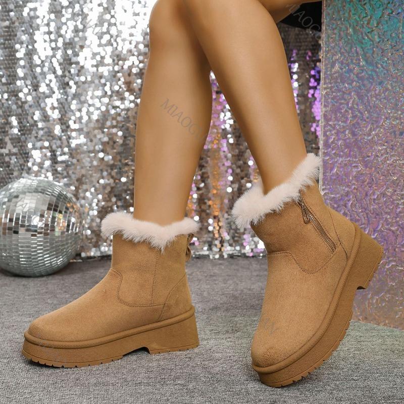 Fashion Platform Snow Boots Women Winter Warm Fashion Short Botas Short Plush Thick Heeled Solid Suede Side Zipper Cotton Botines Female