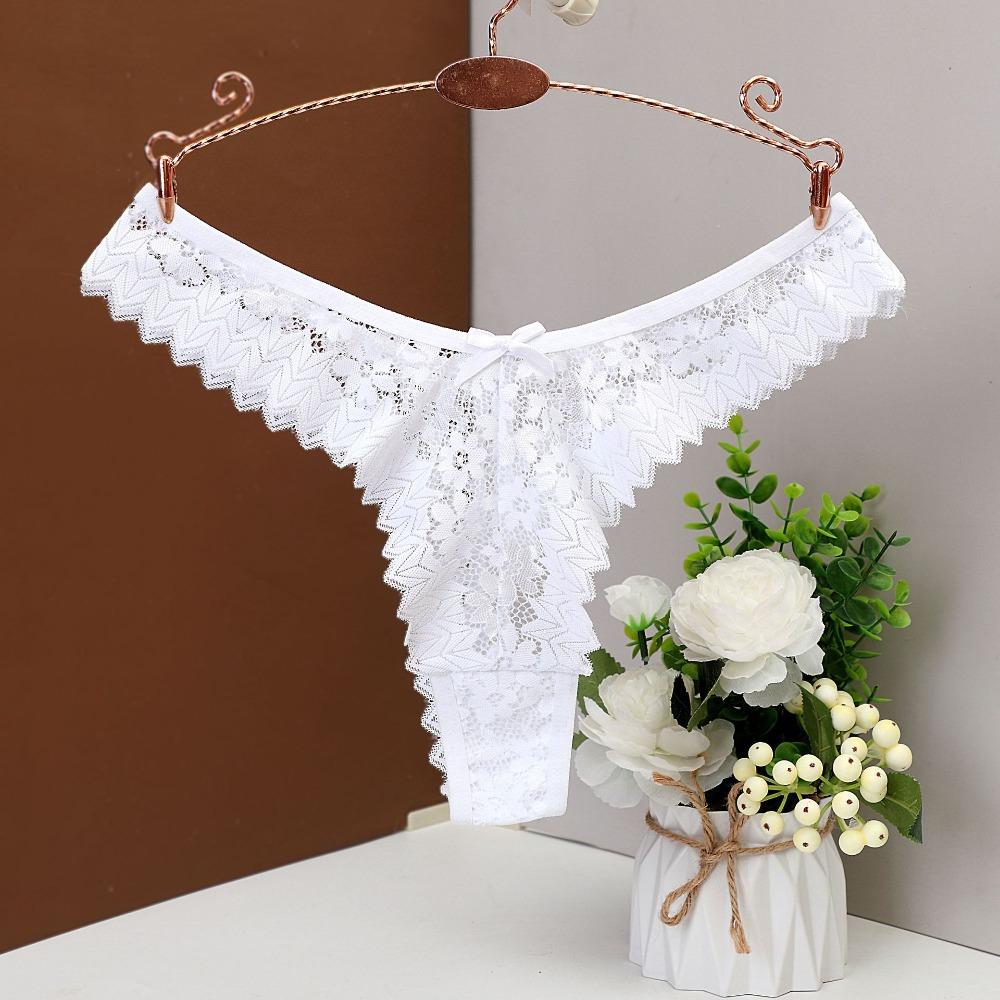 Breathable Bow Flower Lace Seamless Thong Transparent Mid Waist Underwear for Women Hollow Panties Mesh Lace Briefs Girl