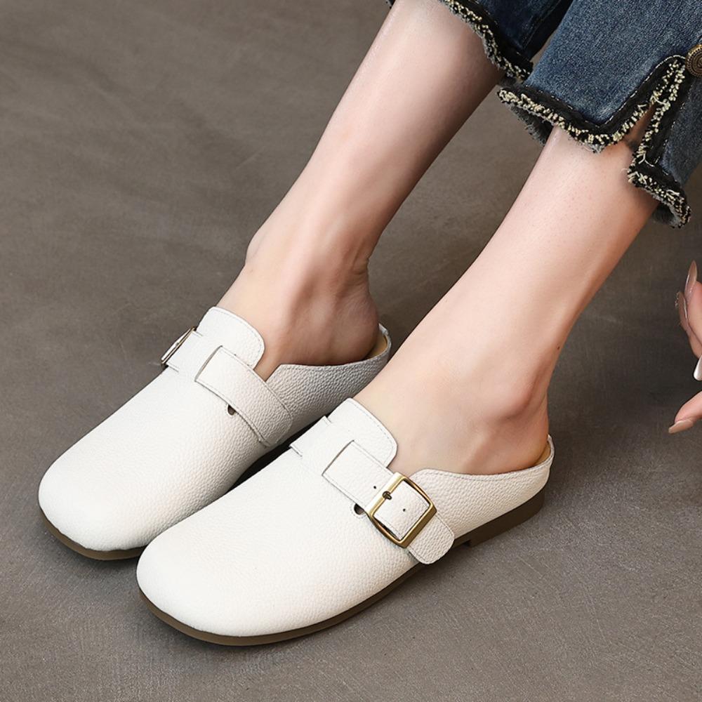 Leather Slippers Women Summer Outside 2026 New Lazy Shoes Flat Slippers Women Sandals Dames Muiltjes