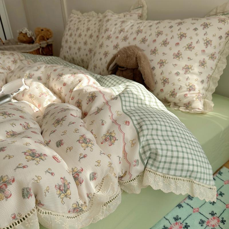 Seersucker Floral Bedding Four-piece Set Washed Skin-friendly Breathable Sheets Quilt Cover Pillowcase