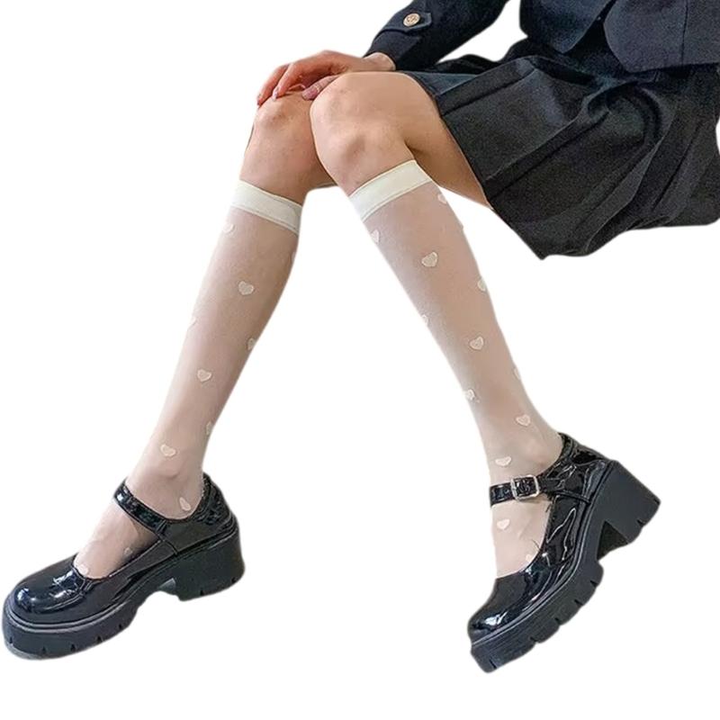 Sweet Heart Calf Socks Thin Sheer Silk StockingsLightweight Breathable Knee Highs Socks Student Girls Middle Tube Socks