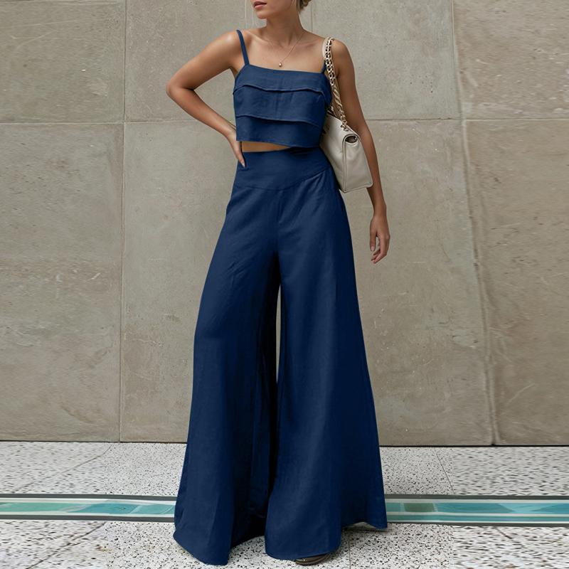 

ZANZEA Женские майки-комбинации и брюки с широкими штанинами Летние костюмы-двойки 2XL темно-синий