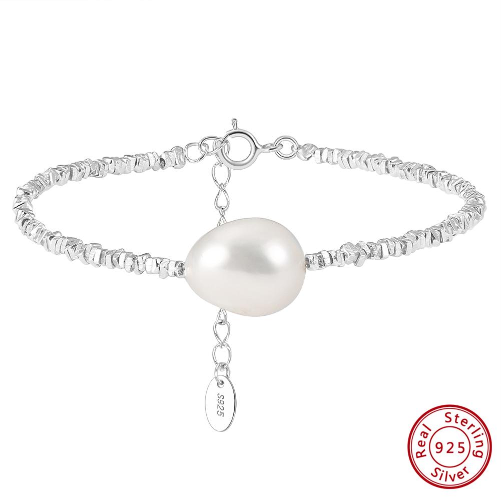 

EFFIE QUEEN Elegant 10mm Baroque Freshwater Pearl Charm Bracelet Dainty 925 Sterling Silver Shiny Chain Bracelet Jewelry GPB19