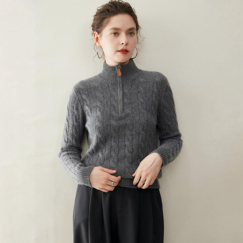 Women's Cashmere Knit Base Layer: Korean Style, Semi-High Neck, Long Sleeves, Half-Zip, Full Body Cable Knit Design. Fashionable & Versatile.