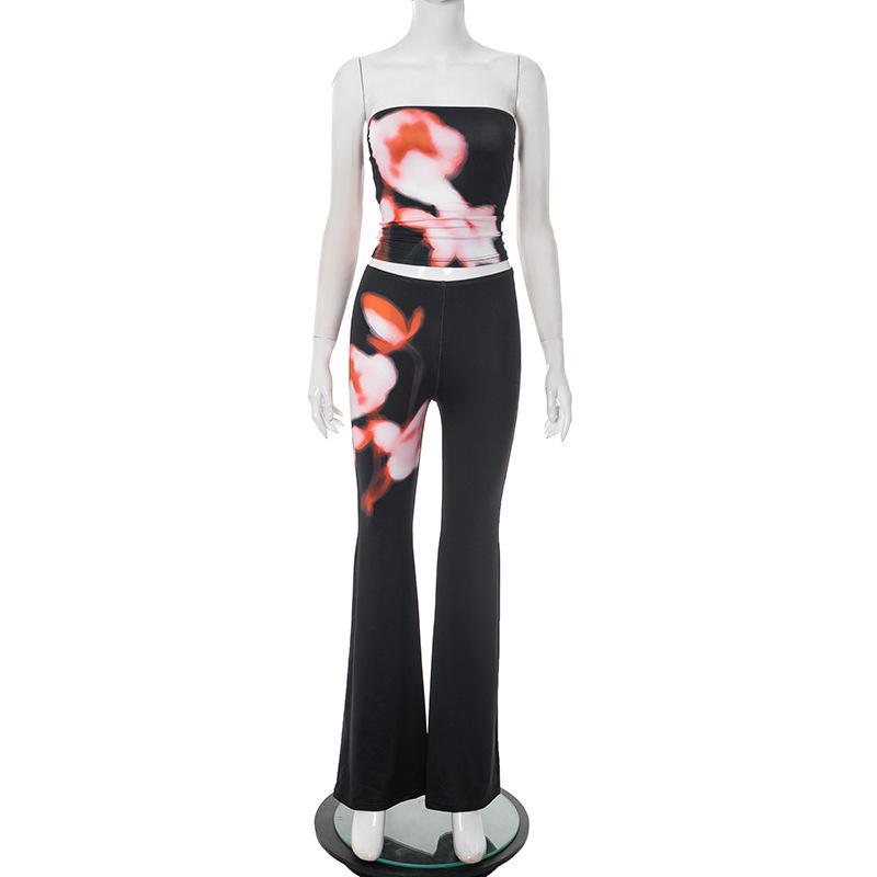 

Women s Sexy Floral Bandeau Top & Micro Flare Pants Two-Piece Set D25ST187 L