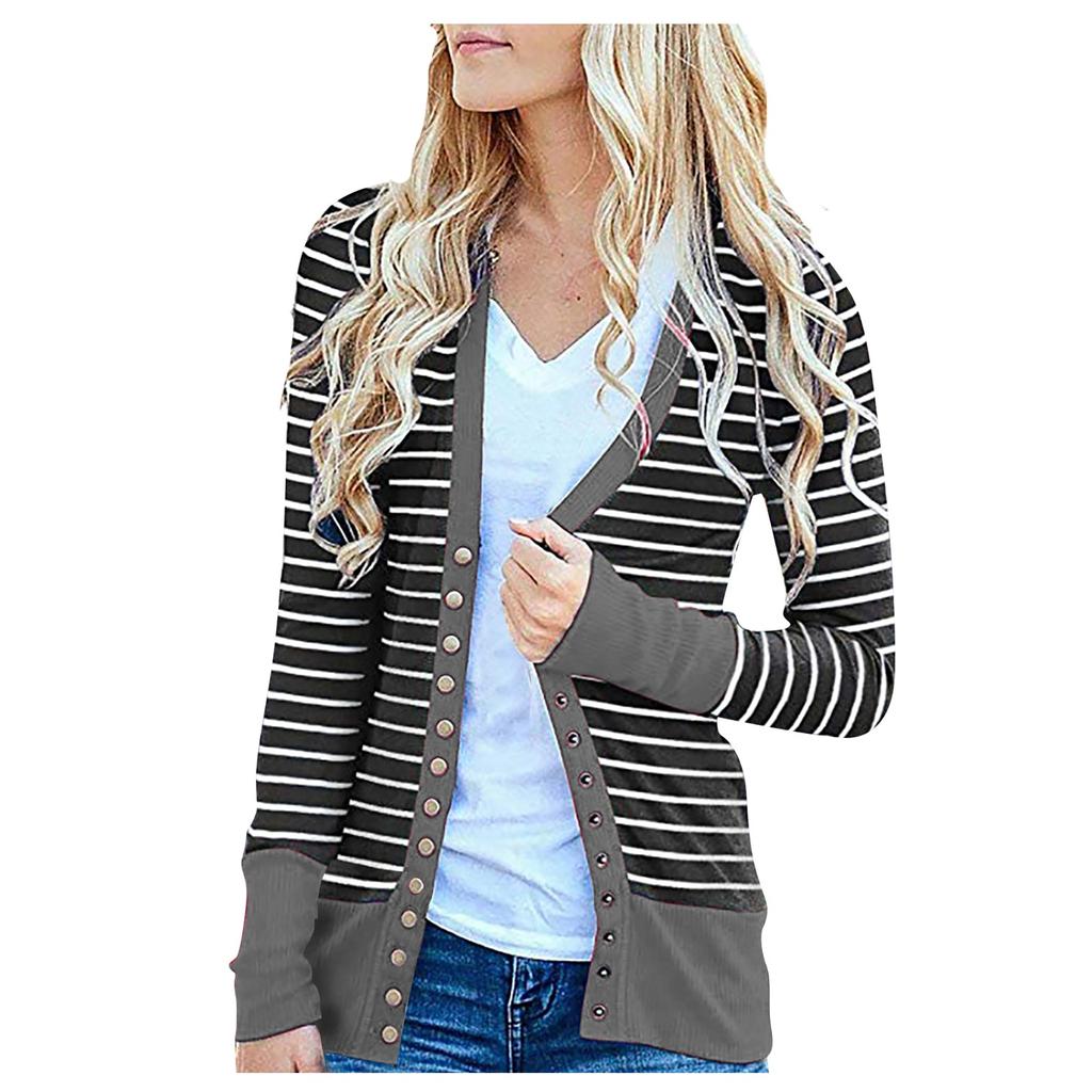 Moda damska Casualowe paski z długimi rękawami Cardigan Jacket Tops