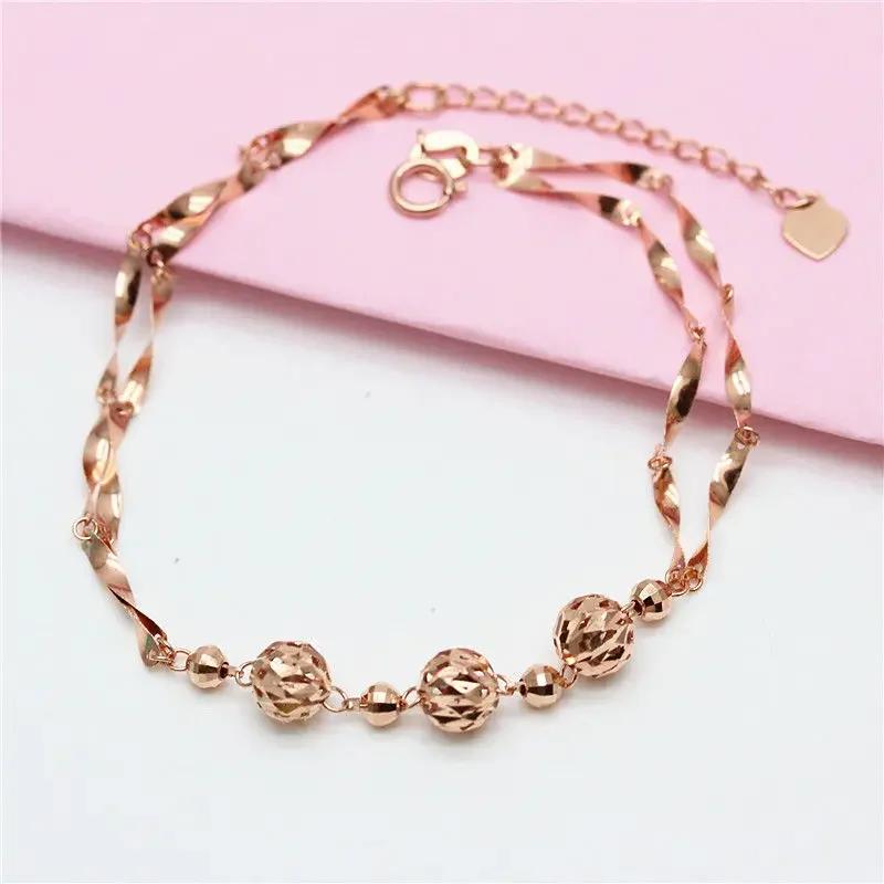 Simple and Shiny Round Beads Chain Bracelet for Women Copper Plated Rose Gold New In Bangles Party Zircon Gift