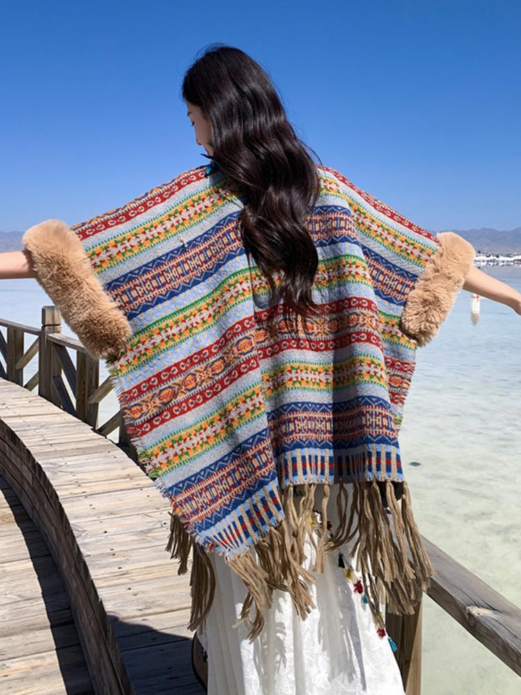 Winter Women Scarf Layers Poncho Elegant Retro Striped Print Wraps Shawl Casual Warm Hairy Scarve Capa Para Mujer Pashmina Cloak