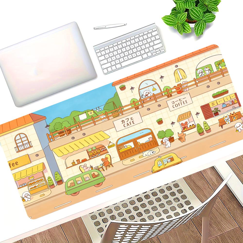 HYBXAXC Cute Kawaii Mousepad Green Cute Mouse Street Japanese Bakery Cafe Bunny Bear Plants Flower Shop Kawai Gaming Deskmat