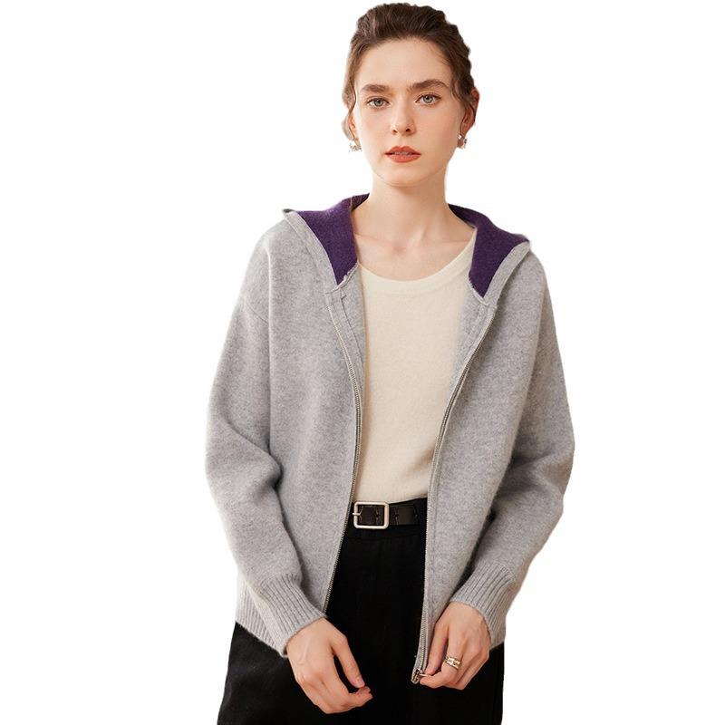 2024 Autumn/Winter Women's Thick Cashmere Knit Cardigan, Long Sleeve Loose-Fit Color Block Hoodie - Versatile and Warm.