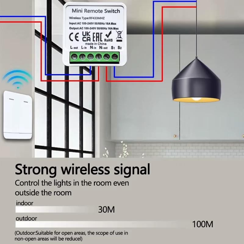433MHz RF Wireless Relay Switch Receiver Smart Home 1/2/3 Gang Remote Control Wall Panel Module with 2-Way Control Function