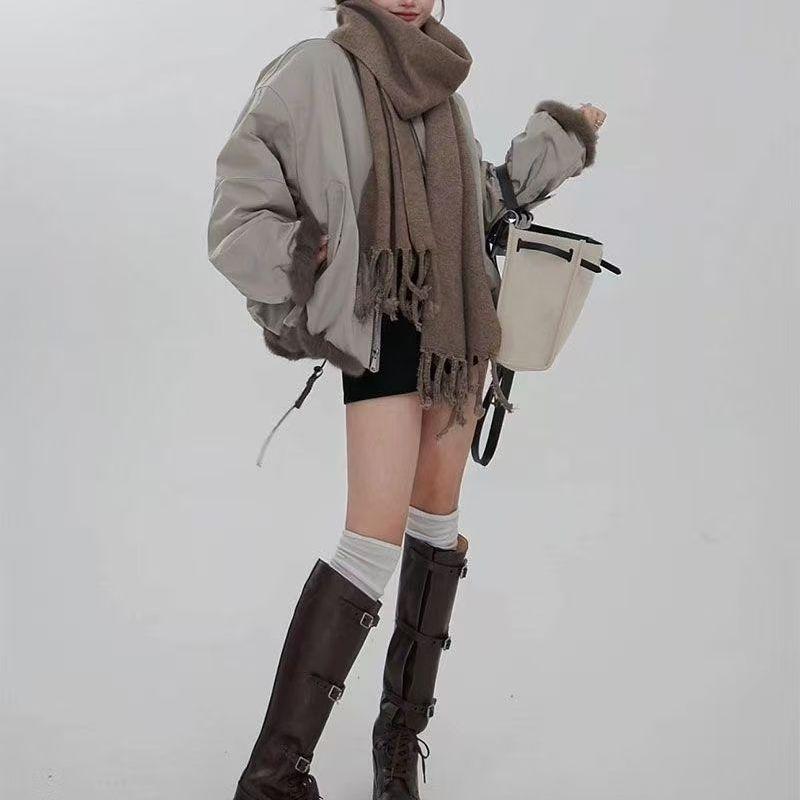 Women Stand Collar Short Workwear Faux Fur Lined Parka Jacket