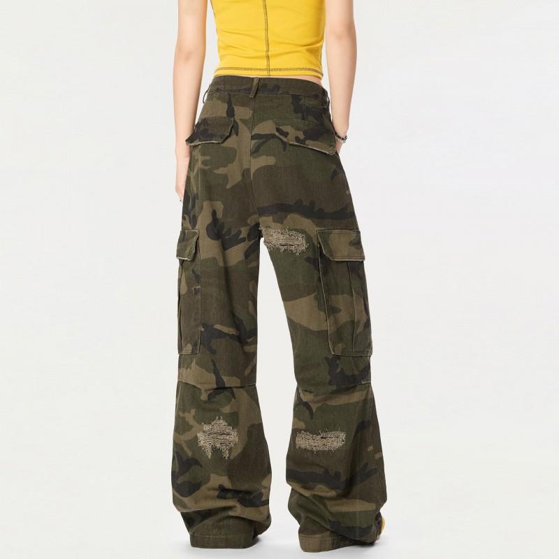 Pantaloni Cargo Mimetici Uomo Donna Con Buchi Usurati Multi-Tasca Vestibilità Rilassata Stile Workwear Pantaloni Streetwear Abbigliamento Casual