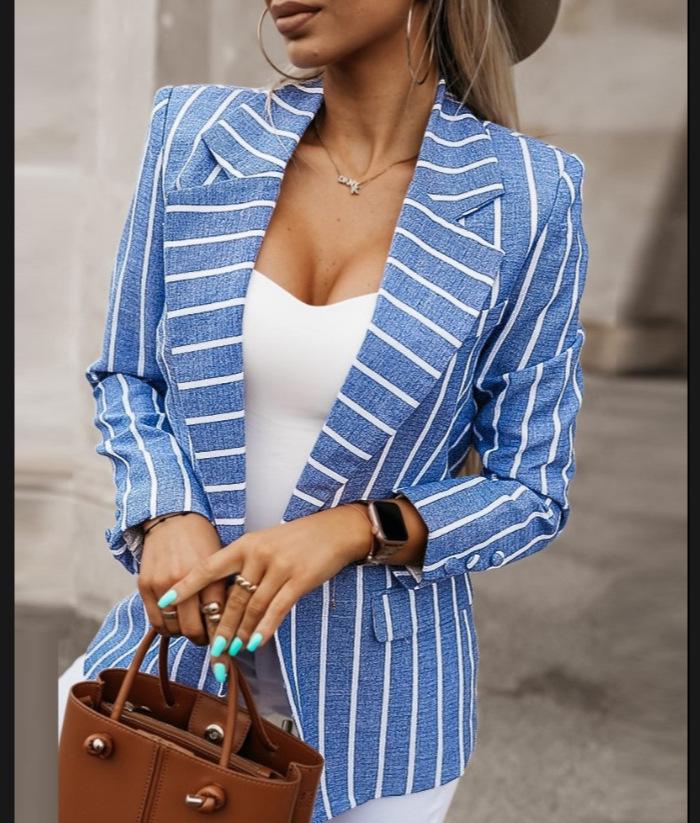 2023 European & American Striped Print Long Sleeve Small Suit Collar Women's Jacket