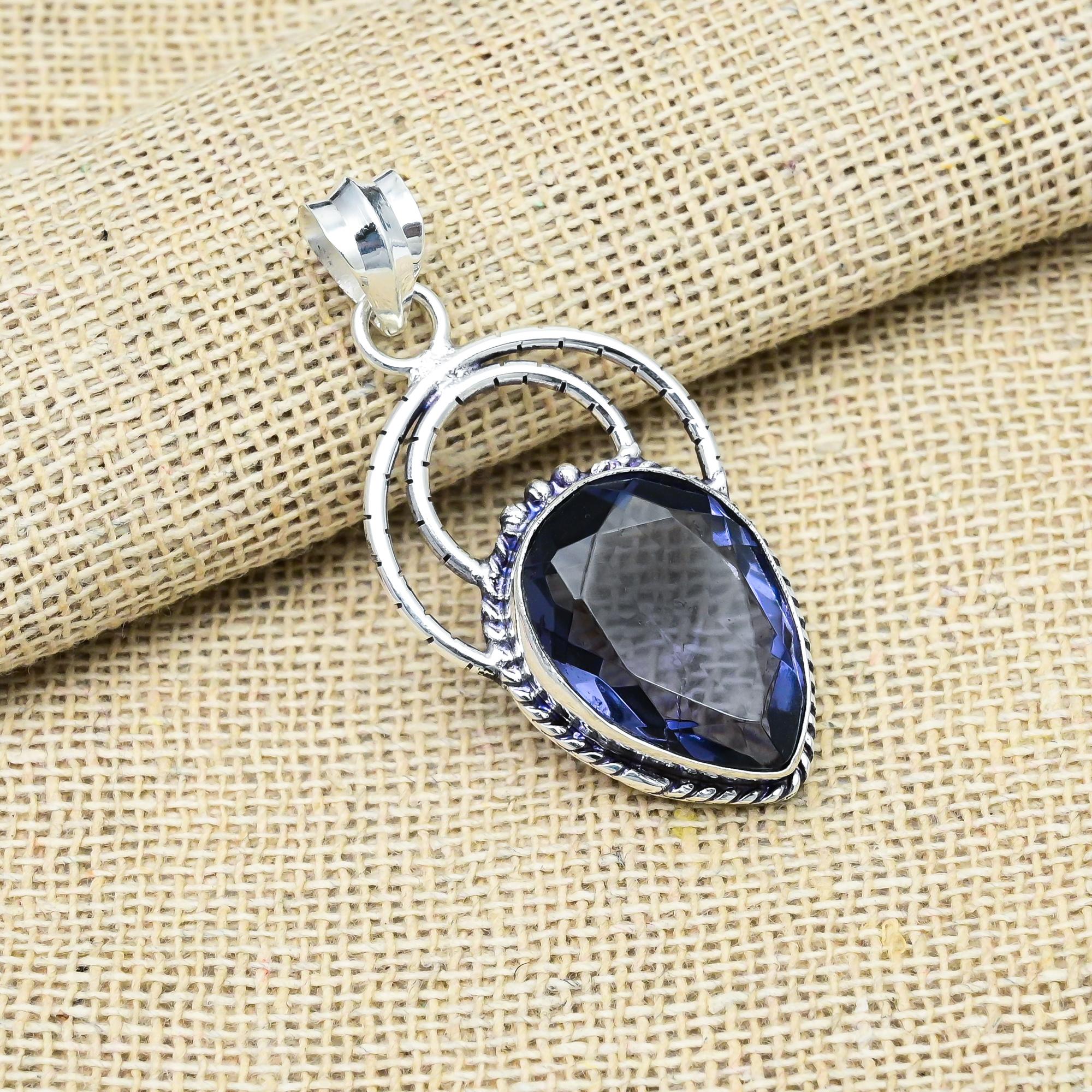 

Драгоценный камень иолит, твердое серебро 925 пробы, антикварные ювелирные изделия ручной работы, подарок для матери, кулон 1.96 inches синий