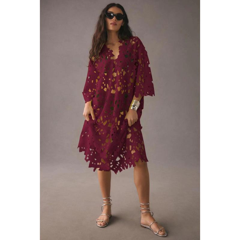 Новая европейская и американская повседневная свободная пляжная кружевная накидка-рубашка 2023 One Size вино красного