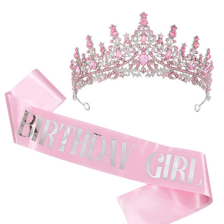 Birthday Queen Pink Rhinestone Crown & Shoulder Strap Set - Party Accessories
