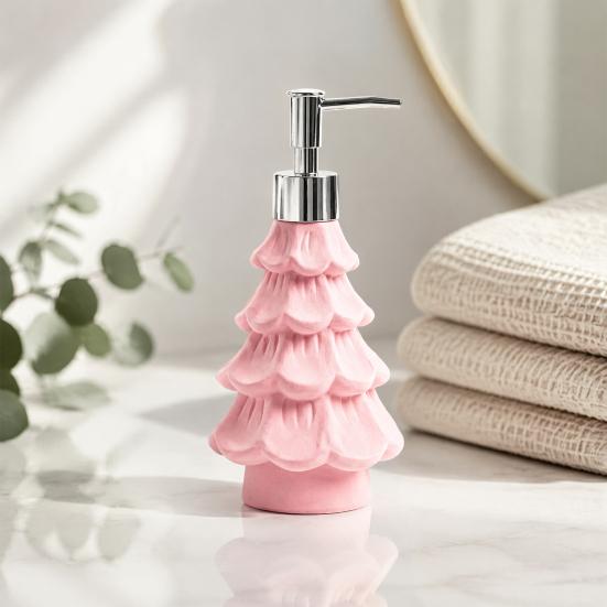 Small Christmas Gifts for Friends Tree Soap Dispenser, Flocking Effect Refillable Lotion Unique Shampoo Dispenser Home Pump Bottle, Reusable Bathroom