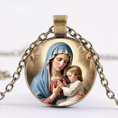 Virgin Mary Mother of Baby Glass Pendant Jesus Christ Christian Jewelry Jesus Oil Painting Necklace Gift for Men Women