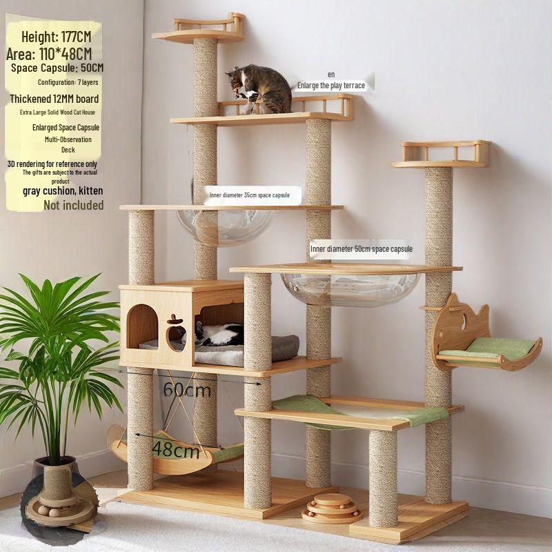 Large Solid Wood Cat Tree with Space Capsule, Plus Size Scratching Post & Board, Floor-to-Ceiling Multi-Season Toy, Wear-Resistant.