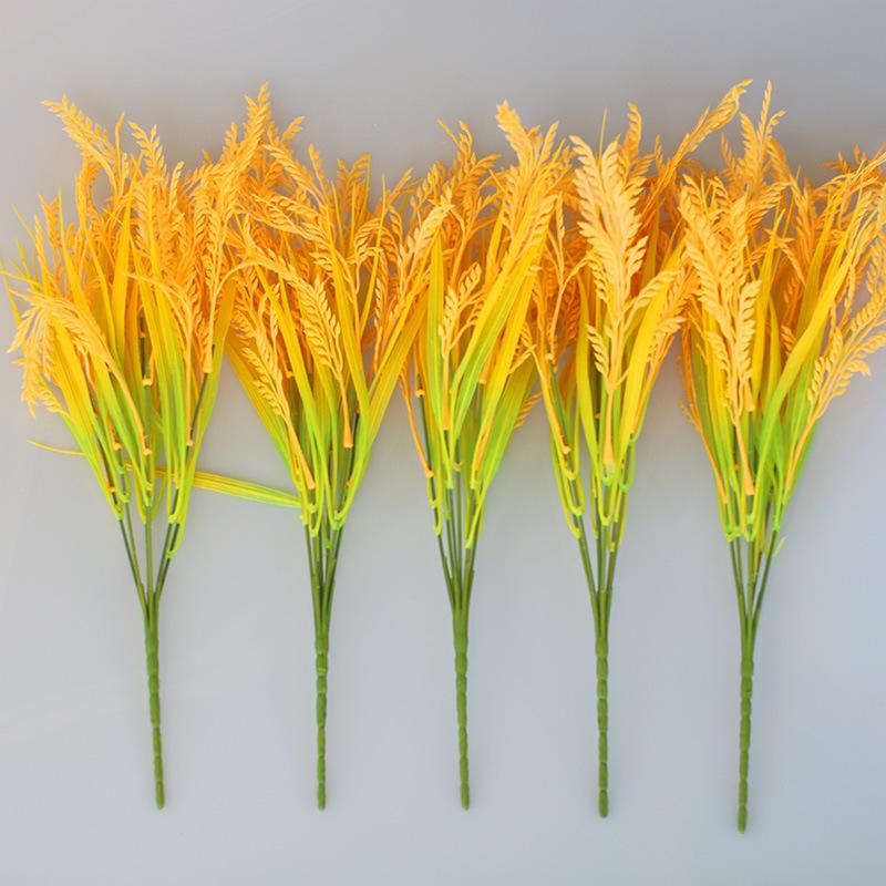 7 Forks Artificial Wheat Ears Rice Plant Bouquet Plastic Yellow Flower Wheat Ears Rice Plant Branch Non Water Needed Realistic