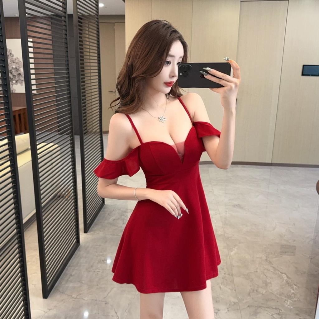 Autumn New Sexy Celebrity Fashion Temperament Sexy Ruffle Edge Waist Suspender Big Swing Dress