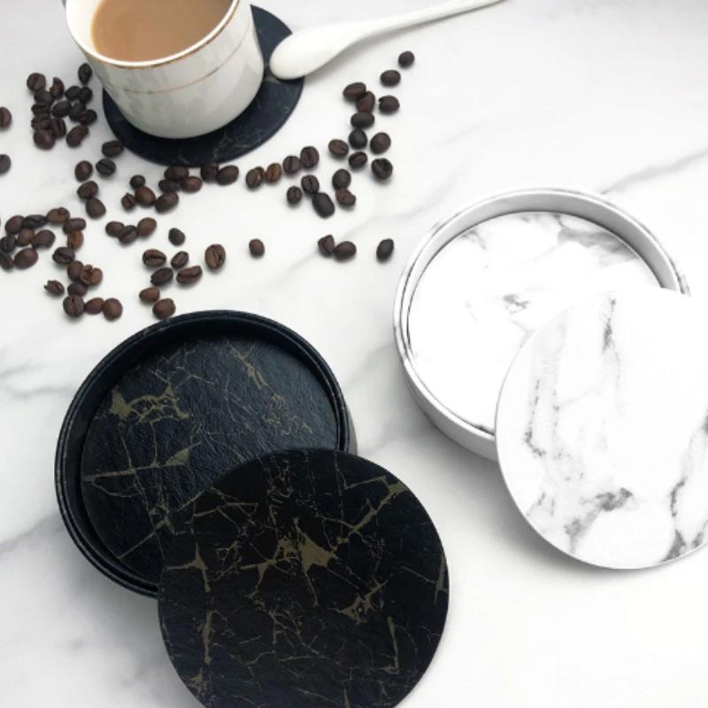 6pcsMarble Coaster Artificial Leather 10cm Oil and Water Resistant Heat Resistant with Base Double Sided Leather Coffee Coasters