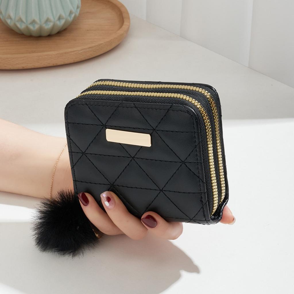 Small Fur Ball Bag, Double Layered Wallet, Diamond Grid, Ladies', Short, Hand-held, Coin Purse