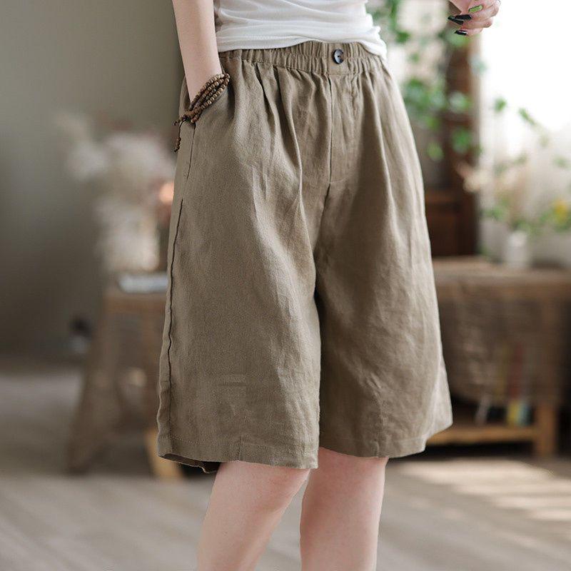 2023 Summer High Waist Retro Literary Wide-Leg Casual Plus Size Five-Point Pants