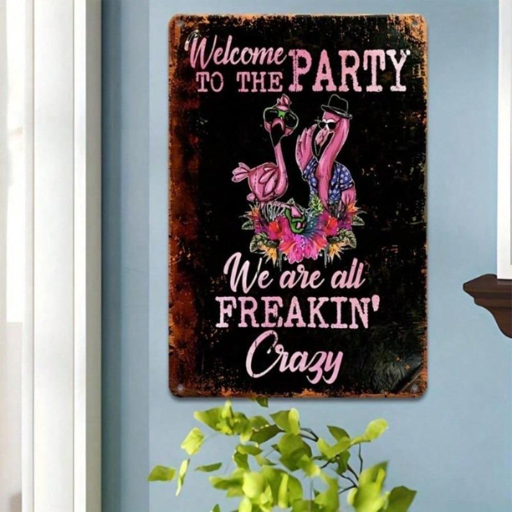 Welcome Party Flamingo Retro Metal Wall Art Vintage Decor Iron Sign 12x8 Inch