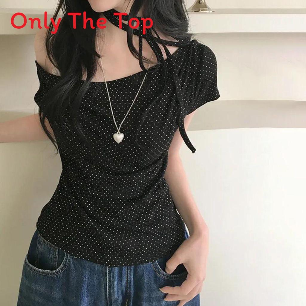 Girl Power Polka Dot Off Shoulder T Shirt With Print For Summer Casual Wear