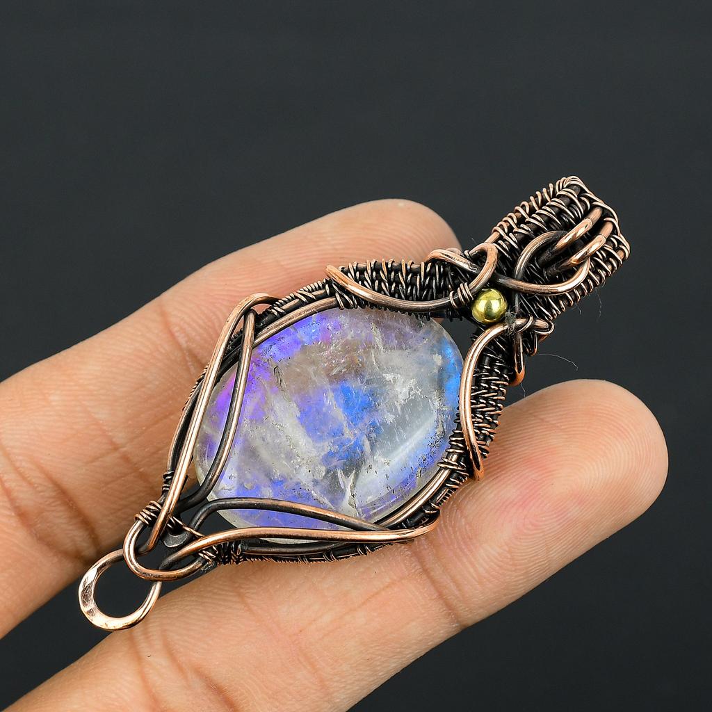 Natural Rainbow Moonstone Gemstone Copper Wire Wrap Pendant Gift 2.15" C3v83