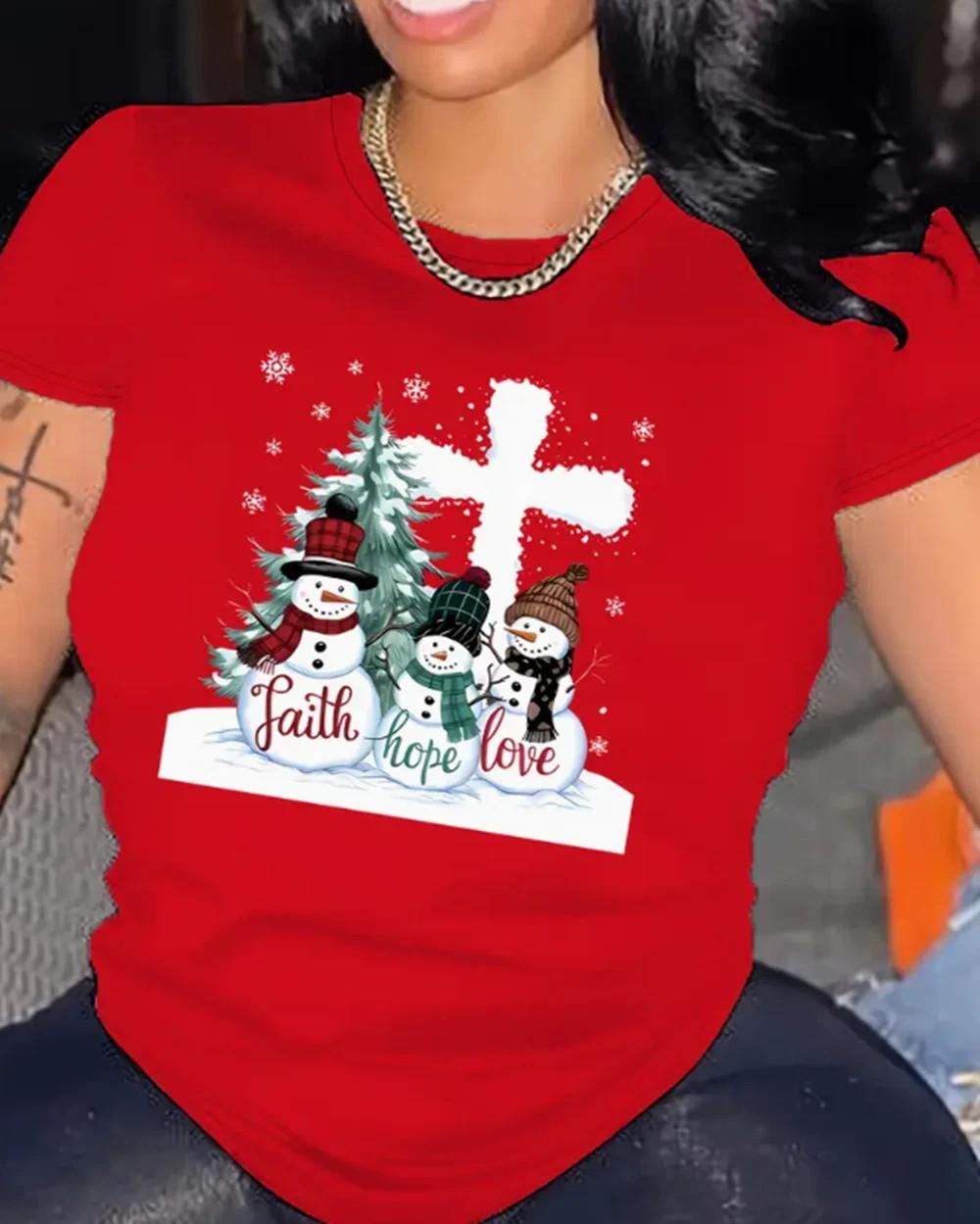 Red Xmas T-shirt Christmas Snowman Faith Hope Love Graphic T-Shirt S