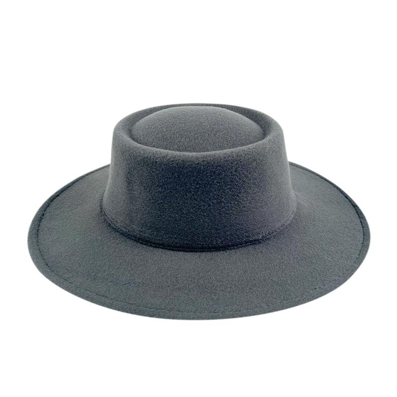British style solid color big brim flat top top top hat French fashion jazz flat top woolen hat autumn and winter felt hat