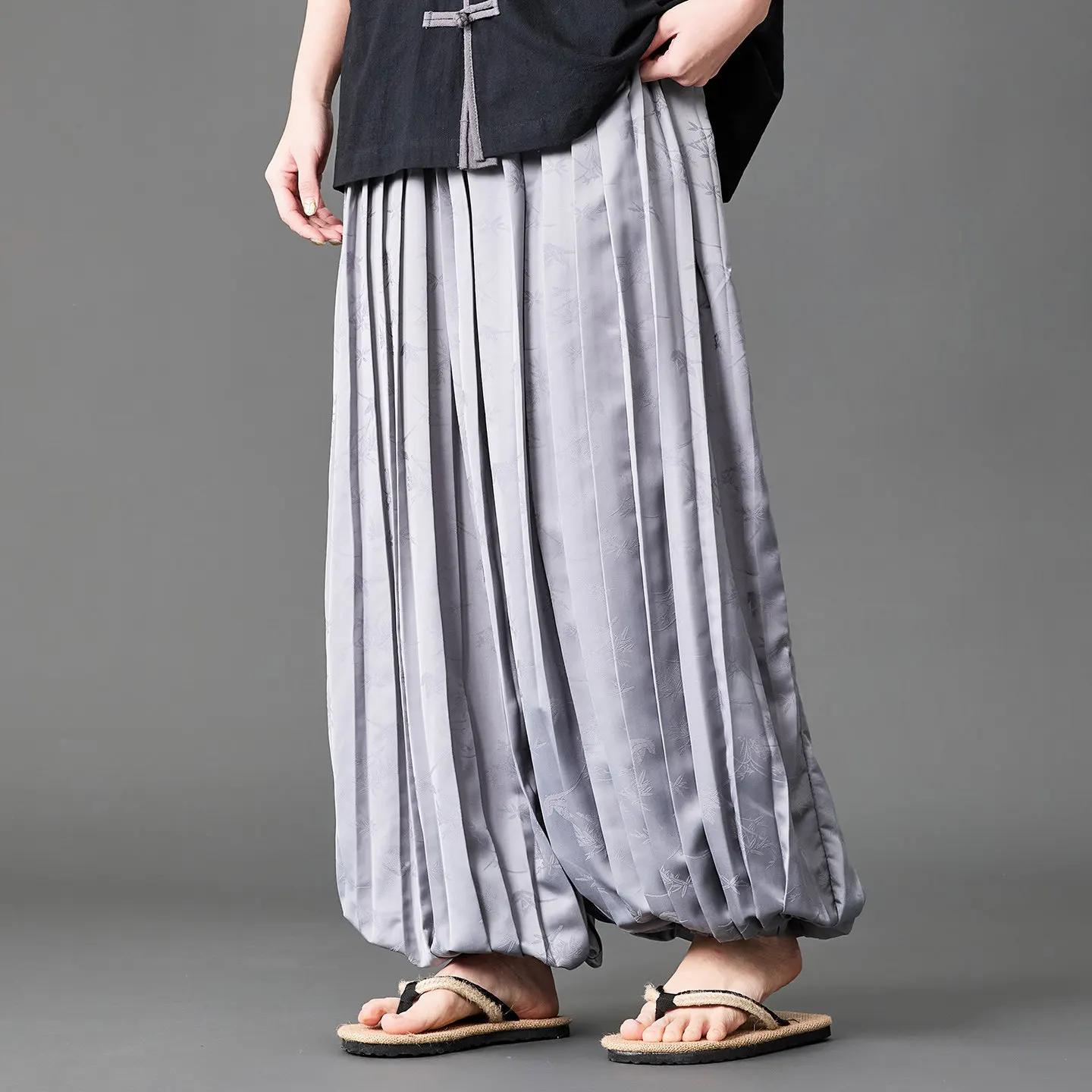 

2026 Summer Plus Size Lantern Pants Chinese Style Pleated Skirt Pants Hanfu Matching Casual Loose Wide Leg Pants Daily Outfit 4XL сірий