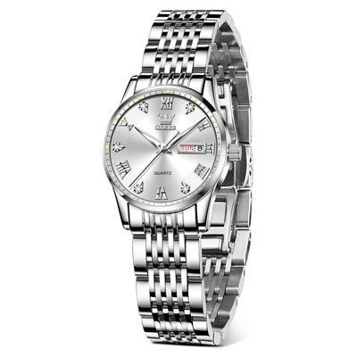 Ceas Analogic Quartz Ceas popular rezistent la apă Alb Business Elegant Cadran argintiu Mic Ceas cu bandă din oțel inoxidabil Alb Data Ziua săptămânii Ușor
