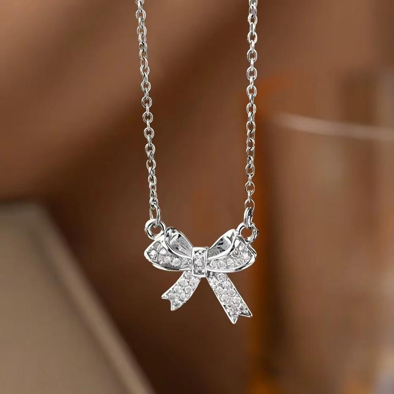 FTCY Exquisite Copper Inlaid Zirconia Bow Pendant Necklace For Women Fashion Simple Stainless Steel Clavicle Chain Jewelry Gift