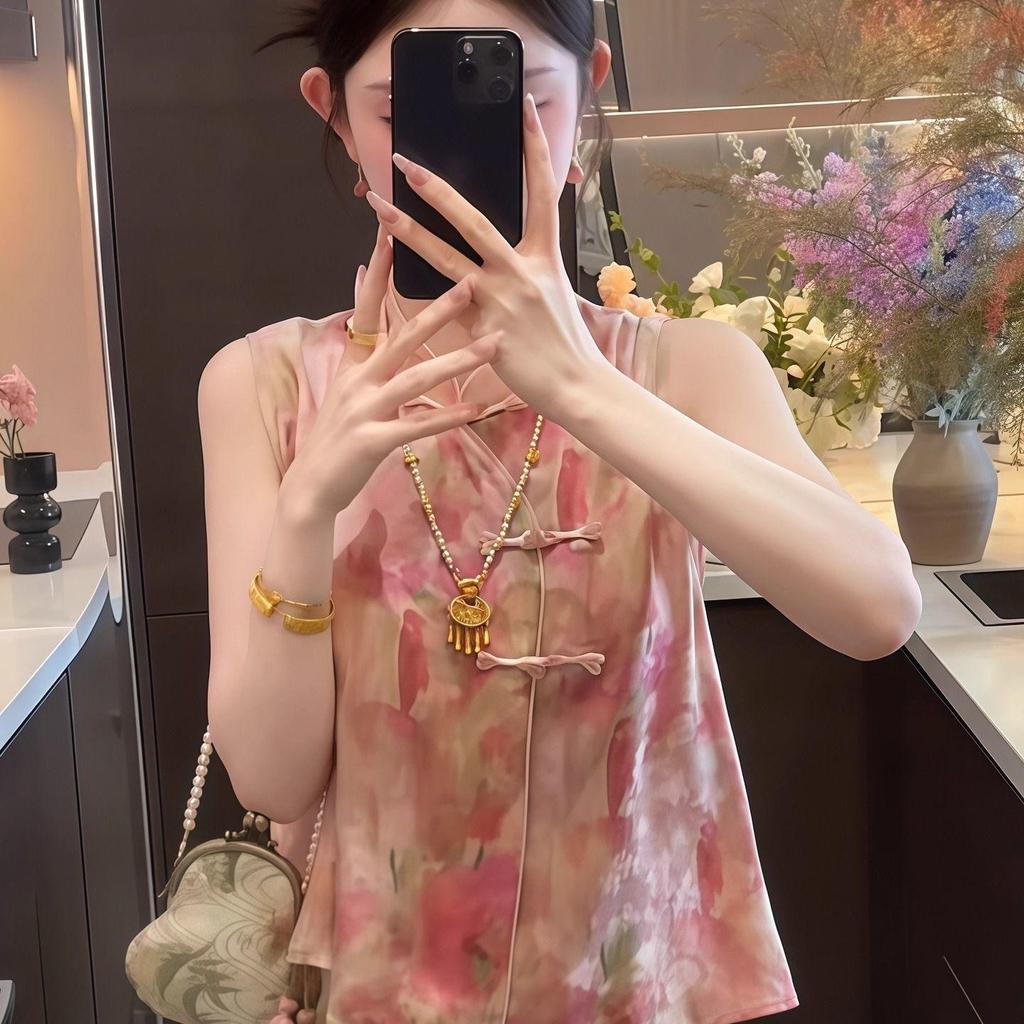 Schönes rosa verschmiertes ärmelloses schräges Westenhemd Damen 2025 neu Satinsweste kurzes Hemd Sommer