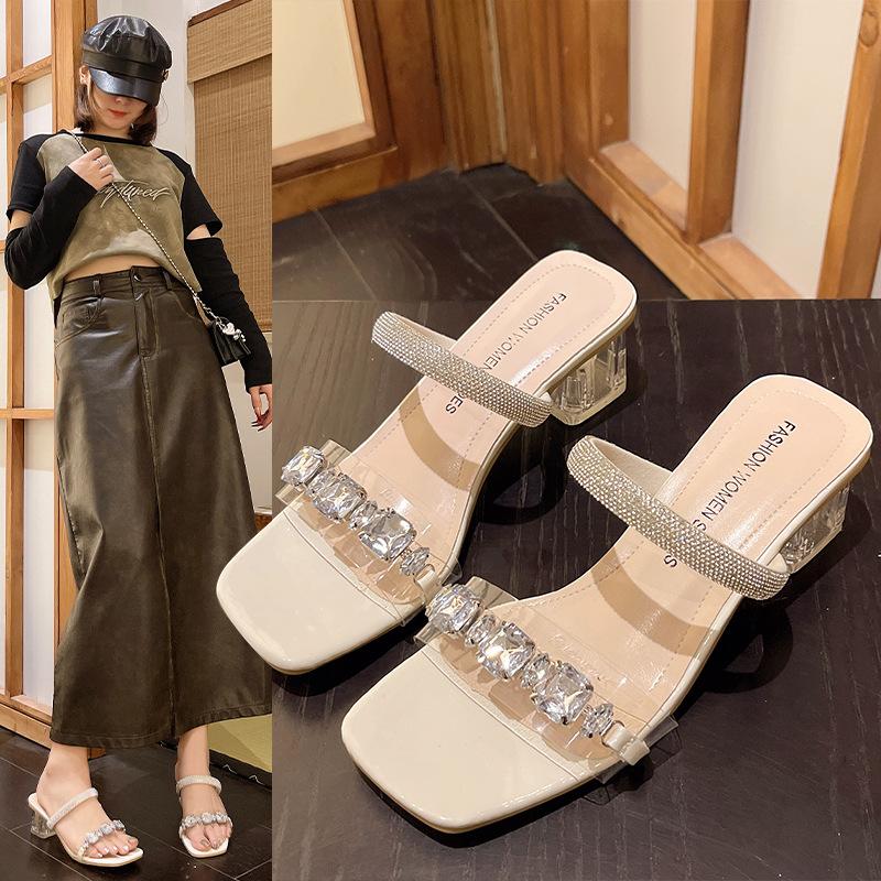 Size 35-43, large size women's shoes 41 wide fat feet thick heels open toes summer cool slippers women's fashion one-word slippers tide 42